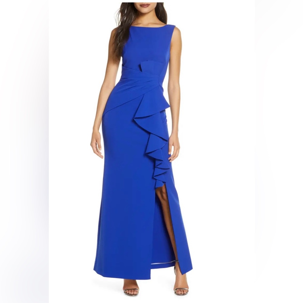 Eliza J Royal Blue Sleeveless Ruffled Gown